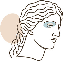 a minimalist line art illustration of a classical bust with wavy hair tied back, accented by beige and blue abstract shapes highlighting the eye and background.