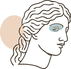 a minimalist line art illustration of a classical bust with wavy hair tied back, accented by beige and blue abstract shapes highlighting the eye and background.