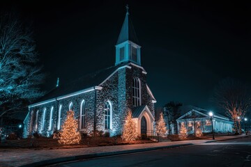 Obraz premium Stone church illuminated at night during christmas time