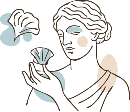 a minimalist line art illustration of a classical female figure holding a fan-like object, accented with pastel blue and beige abstract shapes. - Powered by Adobe
