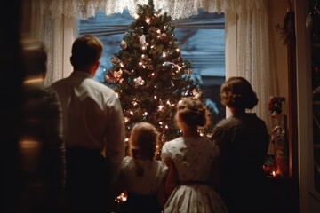 Fototapeta premium Family admiring illuminated christmas tree through window at night