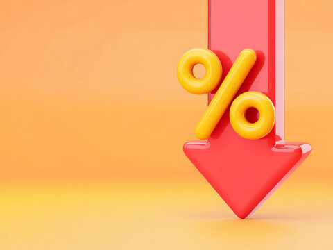 Red downward arrow with yellow percentage symbol illustrates price reduction