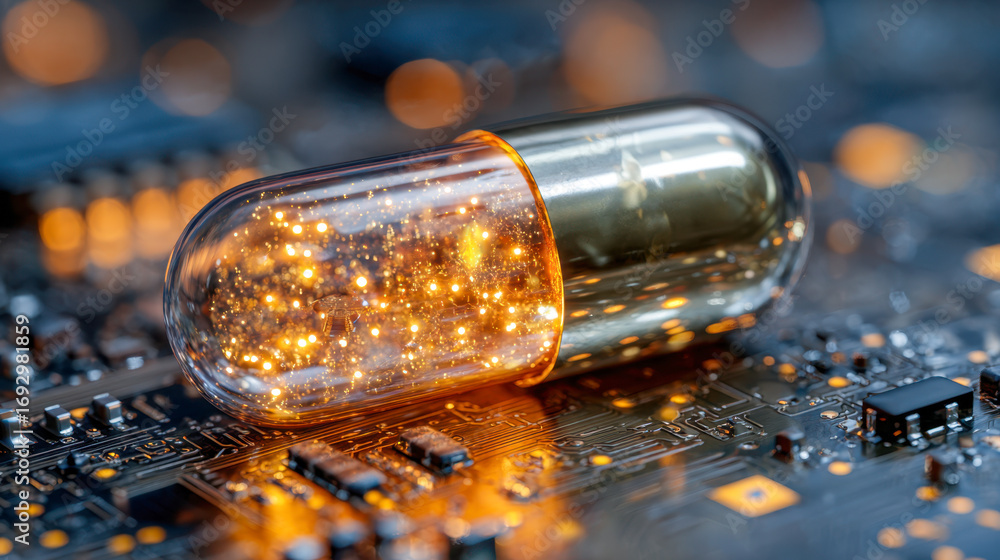 Poster close-up view of a glowing capsule containing sparks resting on a detailed electronic circuit board 