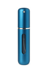 Photo of blue portable perfume atomizer bottle with spray nozzle, isolated on transparent background