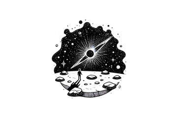A lone astronaut contemplates a distant black hole on an alien planet isolated on transparent background
