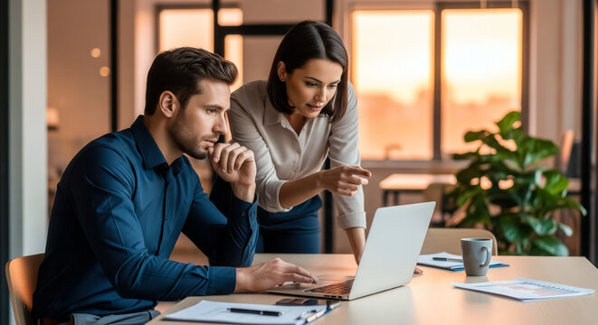 Focused coworkers review plans on a laptop in a bright modern office at sunset, discussing strategy, analytics, deadlines, and next steps. - Powered by Adobe