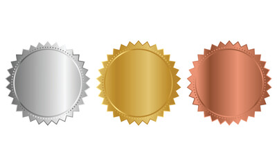 Gold, silver and bronze medals set vector illustration. 3d realistic award seals isolated on transparent background