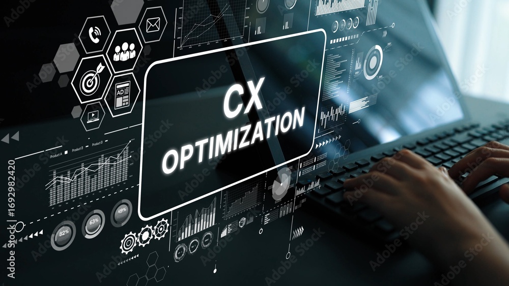 Poster digital interface showing customer experience optimization strategies with charts and graphs in a mo