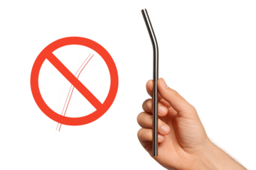 Ultra-clear transparent background photo of a hand holding a reusable metal straw beside a plastic straw crossed out, sharp studio lighting, symbolizing anti-plastic movements, eco-living, and environ