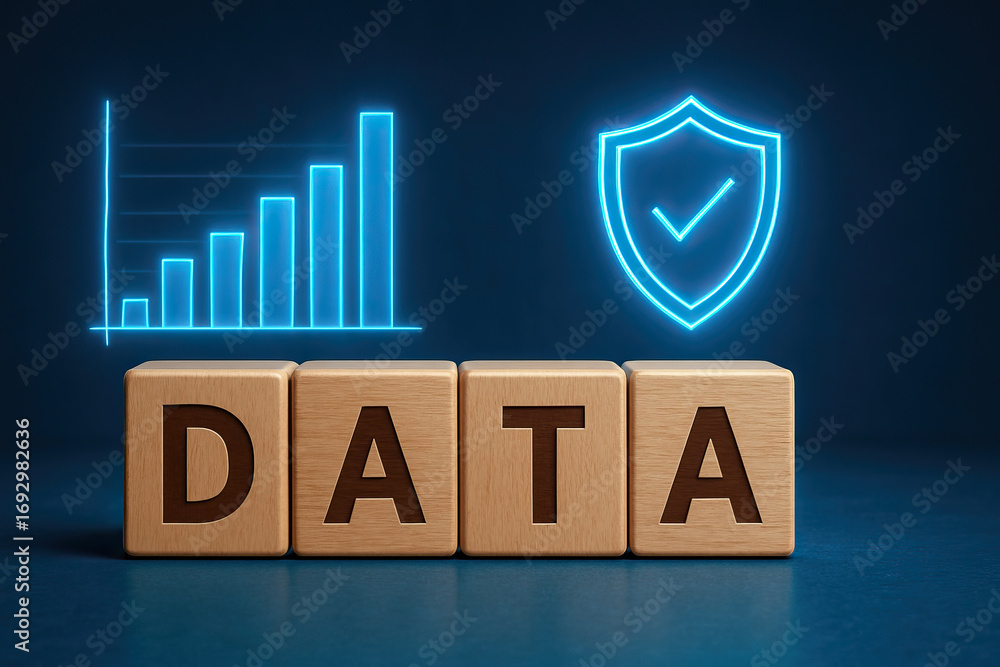 Aufkleber data concept with wooden blocks spelling data, glowing blue bar chart and shield icon symbolizing da