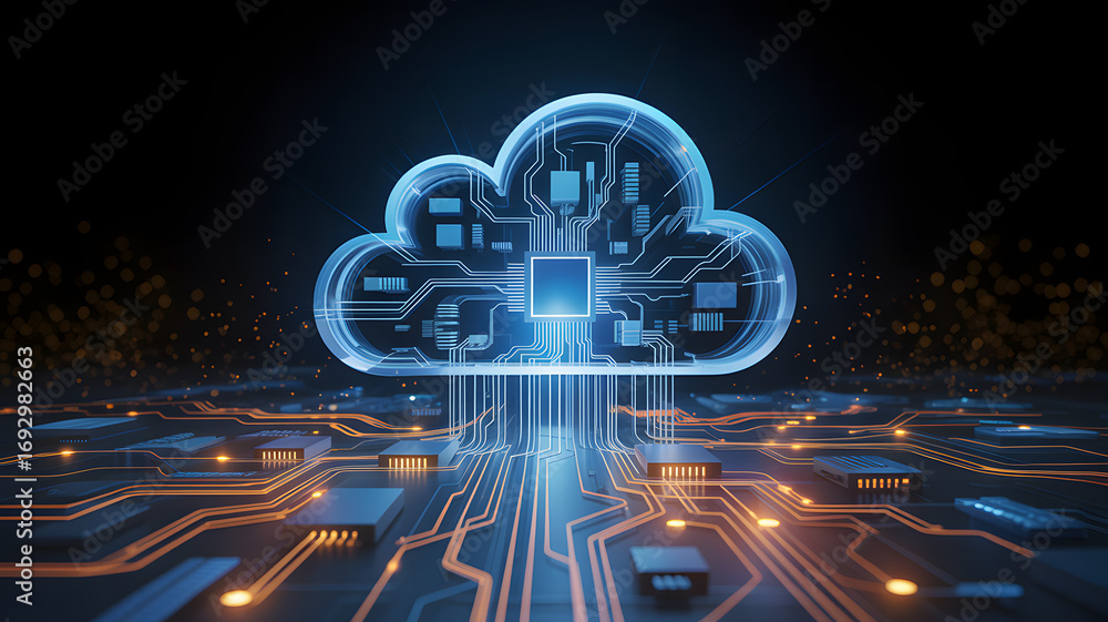 Fototapete cloud computing innovation: a vibrant image of a futuristic, illuminated circuit board shaped like a