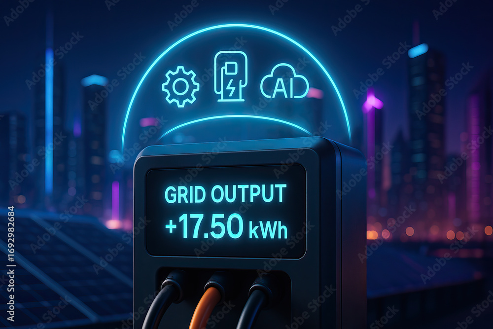 Aufkleber futuristic smart grid system interface showing energy output in kilowatt-hours, featuring ai, cloud,