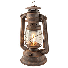 A weathered, rusty lantern with a bright flame, isolated on transparent background