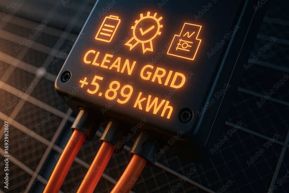 Aufkleber clean grid energy device with glowing orange digital display showing power output and connected oran