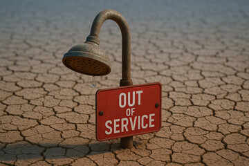 Out of service rusty shower head with single water drop on dry cracked earth, symbolizing drought and water shortage in barren environment