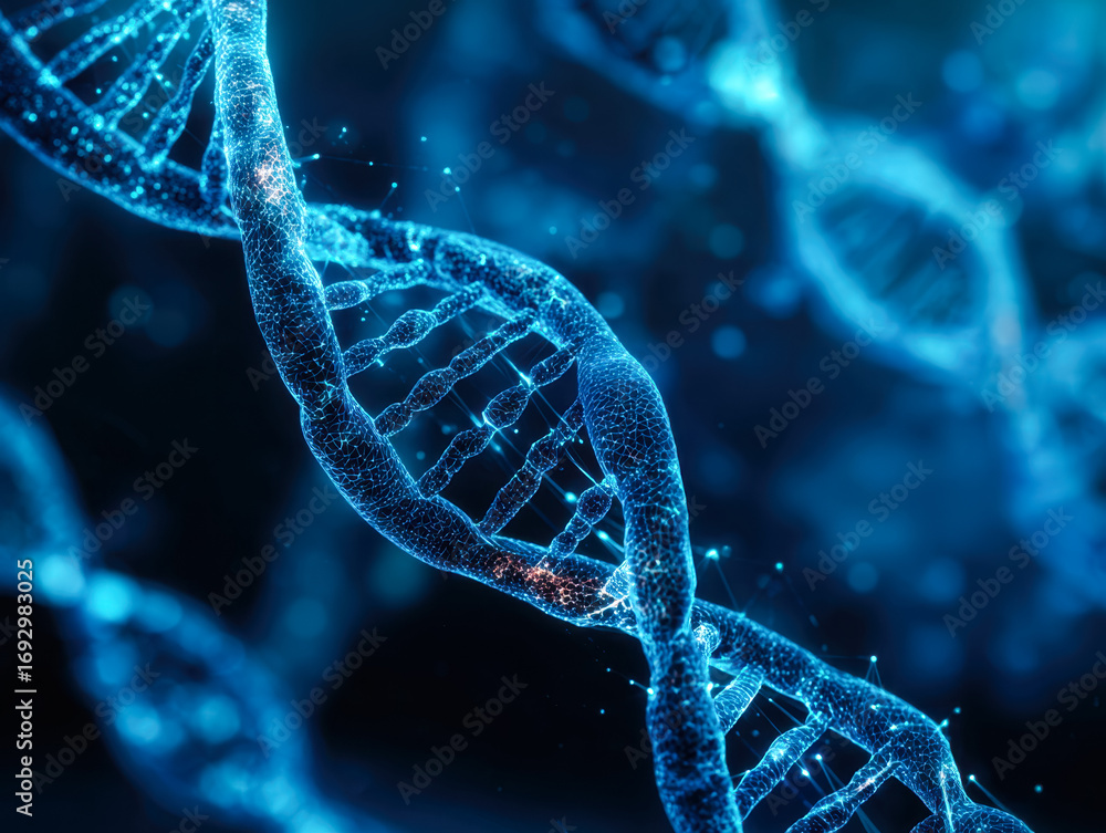 Poster digital representation of a dna double helix structure with glowing blue elements