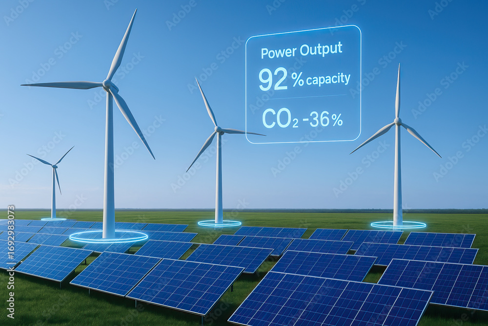 Poster wind turbines and solar panels with digital readout showing output and co2 reduction, illustrating r