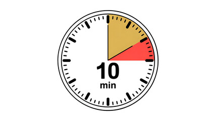 Minimalist flat design countdown timer with white oval clock face, black markers, bold number ten minutes, red and yellow highlighted segments, isolated on black background illustration