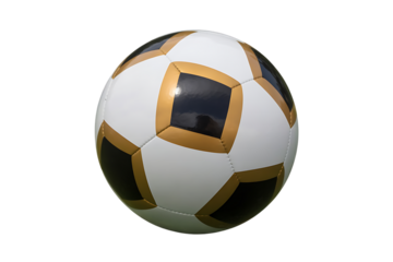 Photorealistic 3D soccer ball with metallic gold hexagonal panels and dark blue inserts, close-up sports design object isolated on black background for football branding and advertising