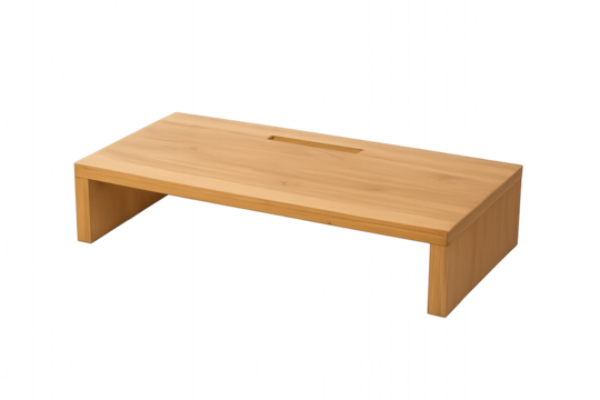 Photo of a simple wooden monitor stand with a slot on top, isolated on transparent background
