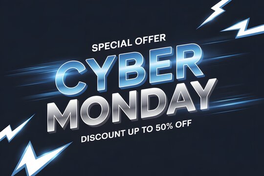 Cyber monday special offer with discount up to 50 off, abstract background with lightning and light streaks, digital marketing concept