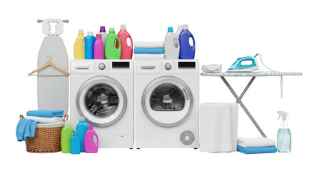 3d realistic laundry room scene with appliances and detergents