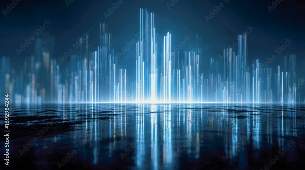 Poster futuristic glowing blue digital cityscape reflected on a wet surface with vertical light beams repre