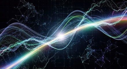 Glowing light waves and trails of particles flow across a dark grid background intertwined with abstract network patterns of connected dots and lines