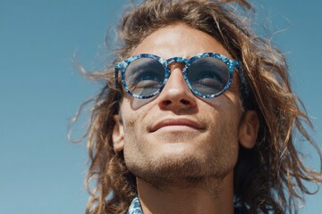 A man with long, flowing hair, wearing round sunglasses with a blue pattern, looks upwards towards a clear blue sky.