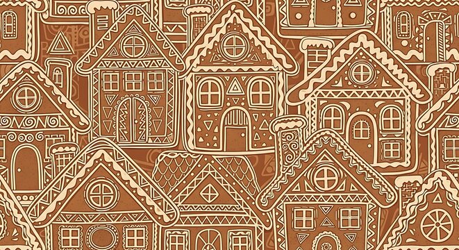 Whimsical hand drawn gingerbread houses with intricate icing details creating a charming and festive seamless pattern for holiday designs