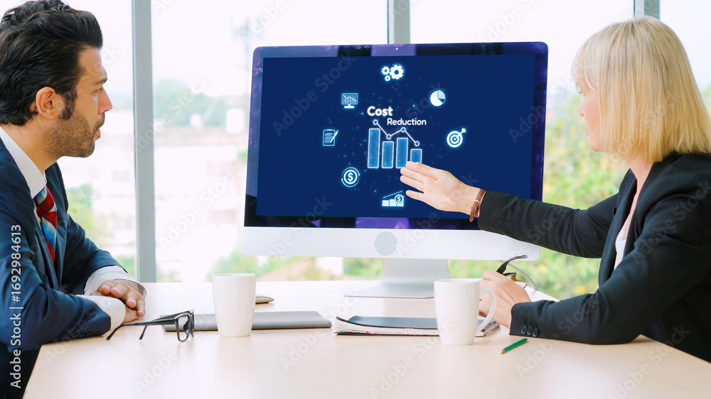 Poster cost reduction, cost saving concept shown on computer screen brisk, corporate business efficiently s