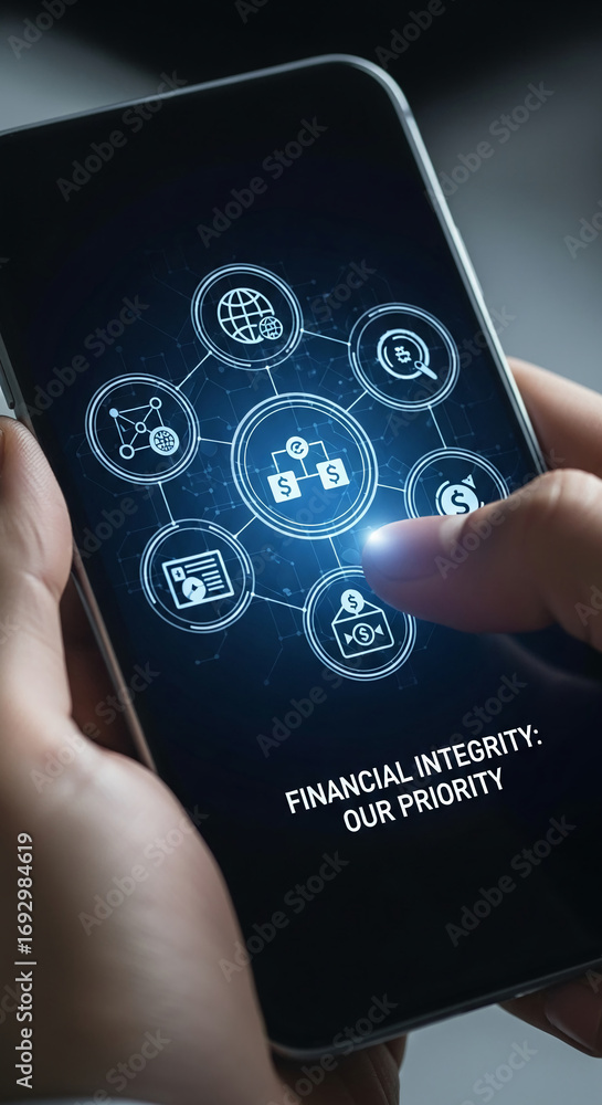 Poster close-up of hand using smartphone displaying financial icons and text 