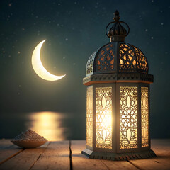 ramadan lantern glowing with crescent moon