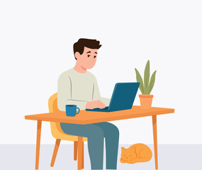 Ilustración vectorial en estilo plano de un joven trabajando desde casa con laptop, café y decoración minimalista. Concepto de teletrabajo y home office.