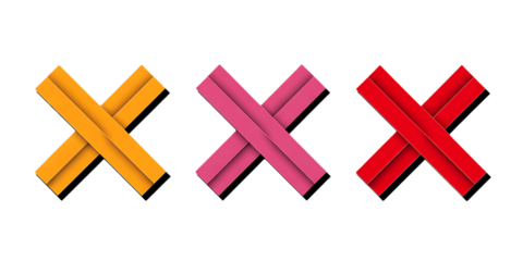 Three stylized "X" shapes in orange, pink, and red, composed of overlapping textured ribbons, minimalist modern abstract graphic isolated on black background for design and branding
