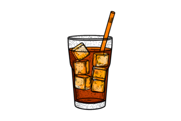Hand drawn illustration of a glass of cola with ice cubes and a straw isolated on transparent background