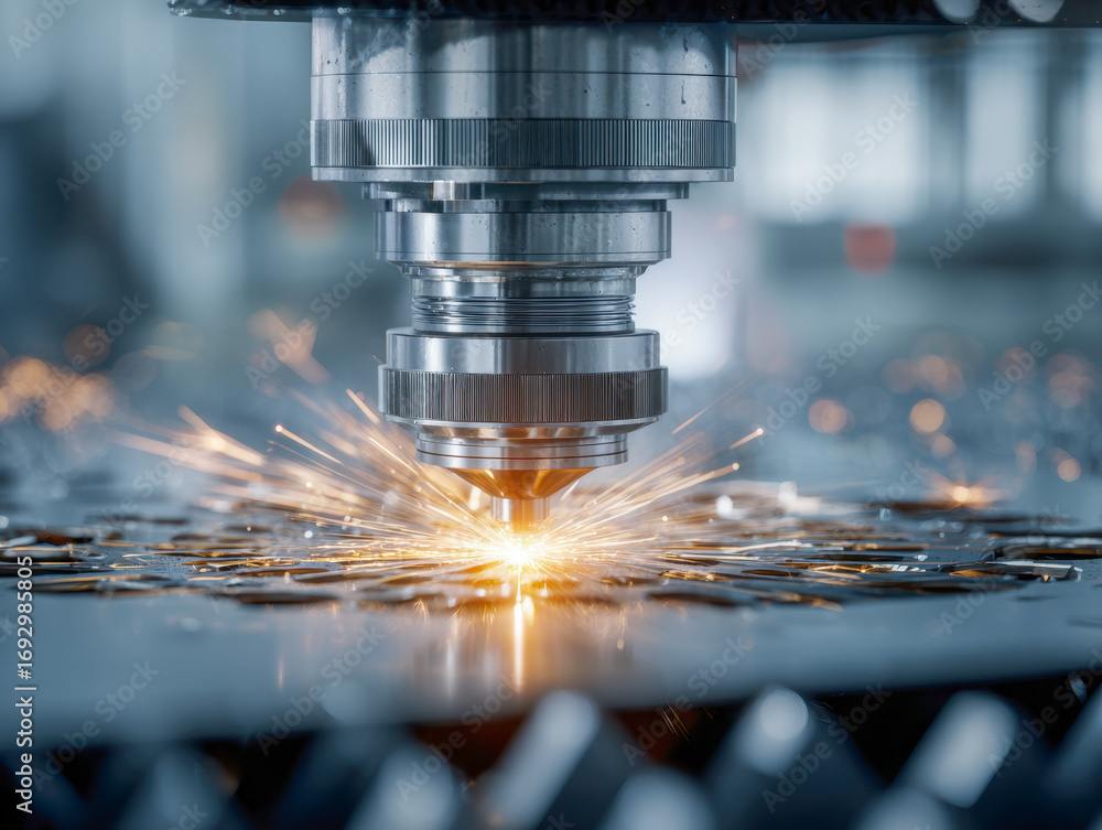 Poster close-up of a high-precision industrial laser cutting machine emitting sparks as it engraves intrica