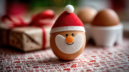 Festive egg decorated with craft materials to resemble Christmas character wearing red hat and white beard placed on patterned surface with gift box and eggs in background