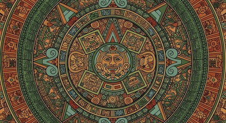Intricate and colorful abstract mandala pattern inspired by ancient aztec calendar stone with detailed geometric and symbolic designs