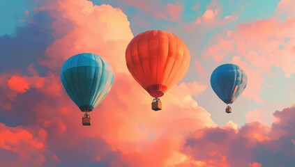 Fototapeta premium Three hot air balloons are flying in the sky, with one of them being blue