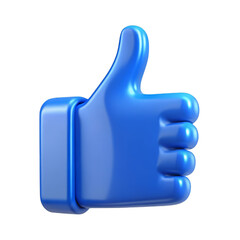 Bright blue three dimensional thumb up isolated on a transparent background gesture symbol