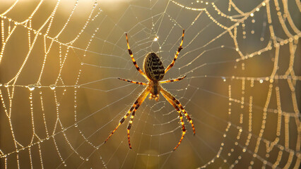 Golden Hour Spiderweb: Dew-Kissed Orb Weaver in Sunlight, Macro Photography