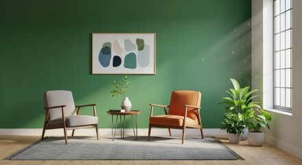 Modern Living Room Interior with Armchairs and Plants