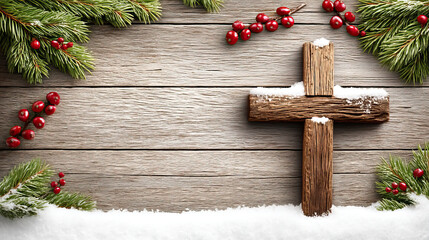 Wooden cross with snow on rustic wooden background surrounded by green pine branches and red berries, evoking peaceful winter holiday spirit and natural textures