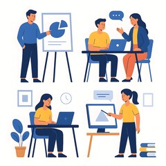 Business Meeting Collaboration Illustrations: Four illustrative scenes show colleagues collaborating, sharing ideas, and analyzing data, capturing the essence of professional teamwork.