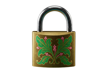 Ornate antique brass padlock with green floral enamel design isolated on transparent background