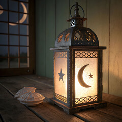 ramadan lantern glowing with crescent moon