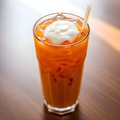 High-Angle Shot of a Refreshing Glass of Thai Iced Tea