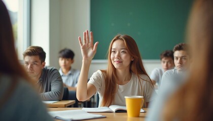Young woman raising hand and smiling in classroom during lecture  