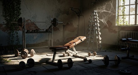 A dilapidated, abandoned gym interior with weightlifting equipment, showcasing a scene of decay and neglect.